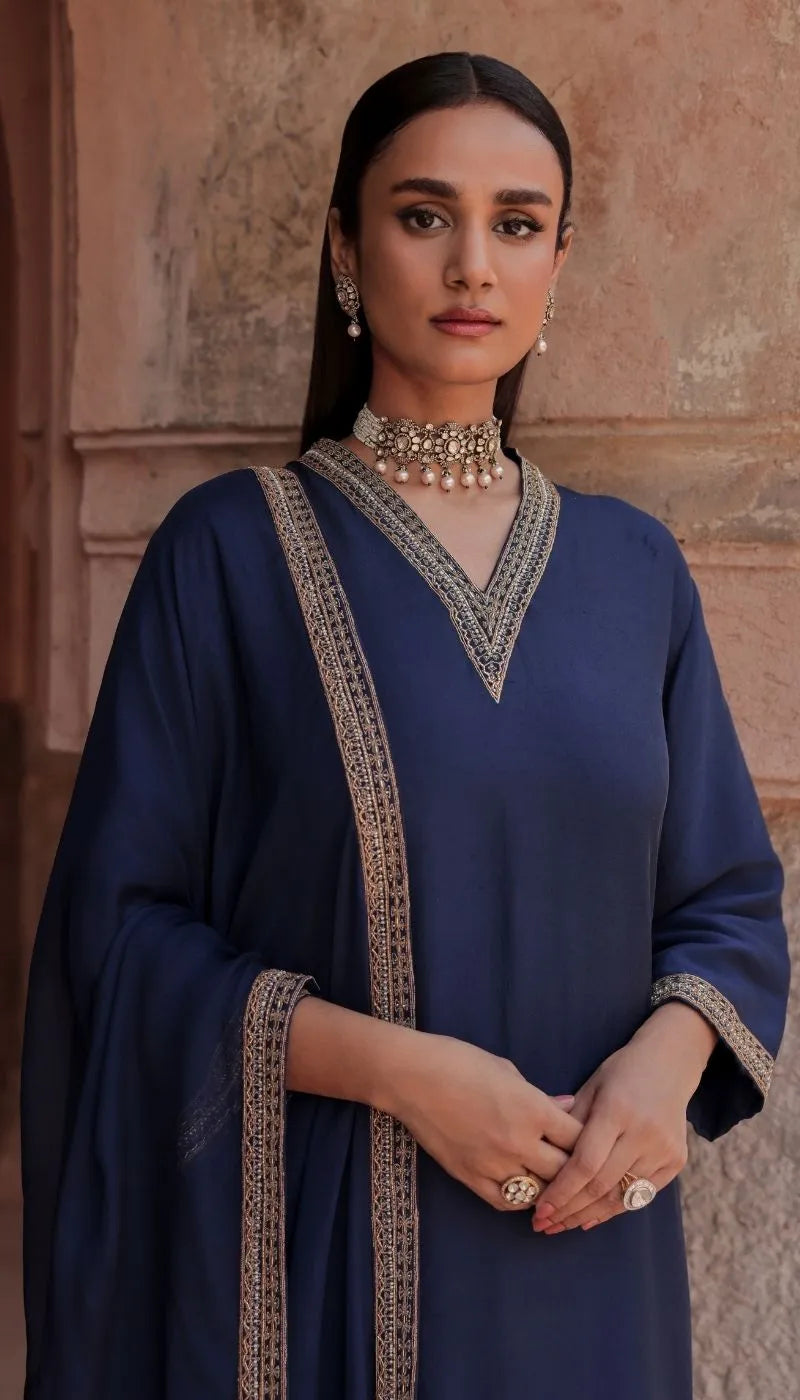 A Midnight Dark Blue Crepe Silk Kurta Set