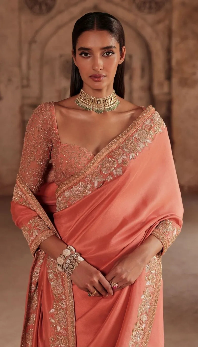 A Sunset Peach Silk Dupion Saree