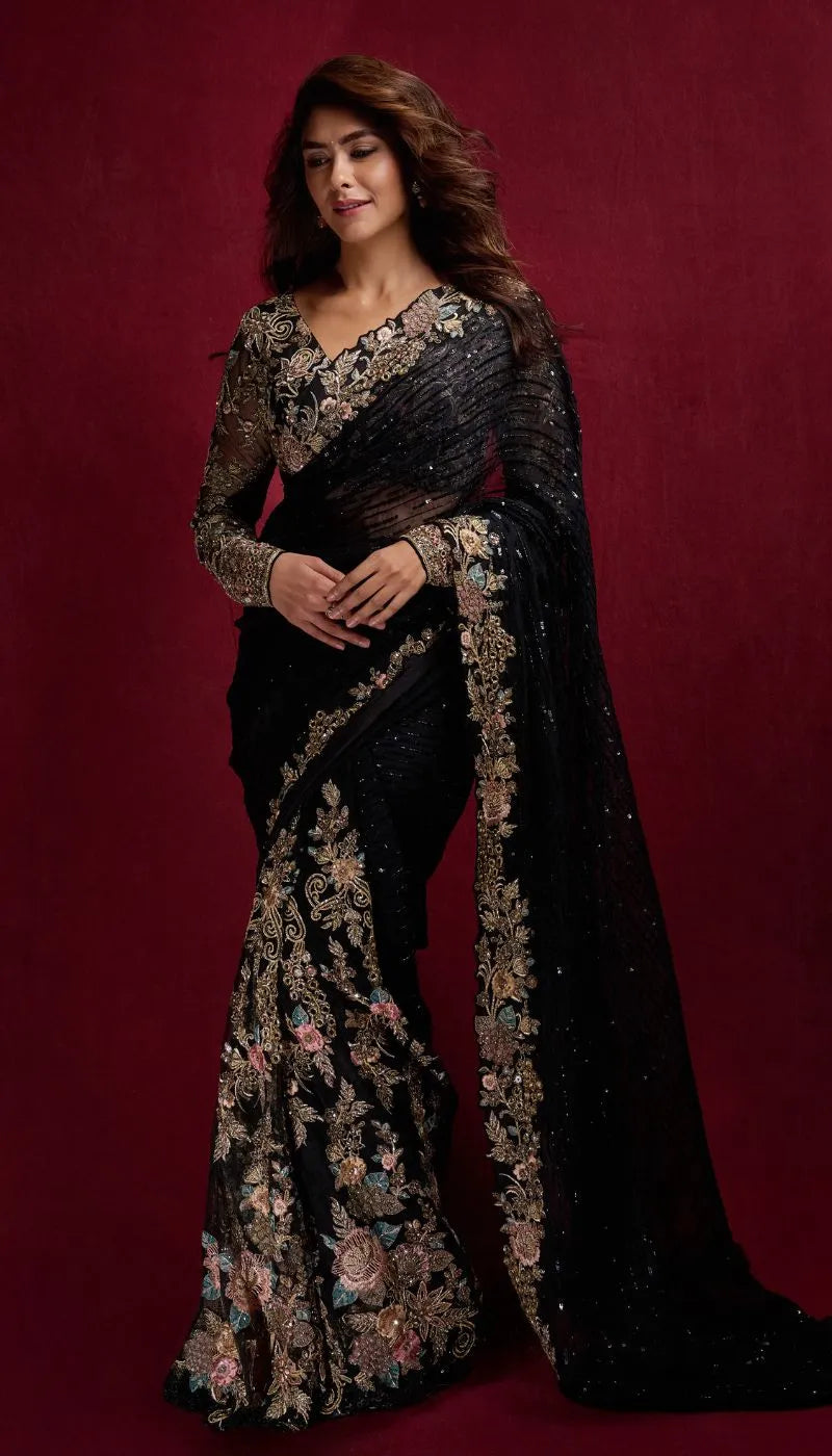 MRUNAL THAKUR IN THE LES FLEUR BLACK EMBRIODERED KALIDAR SAREE