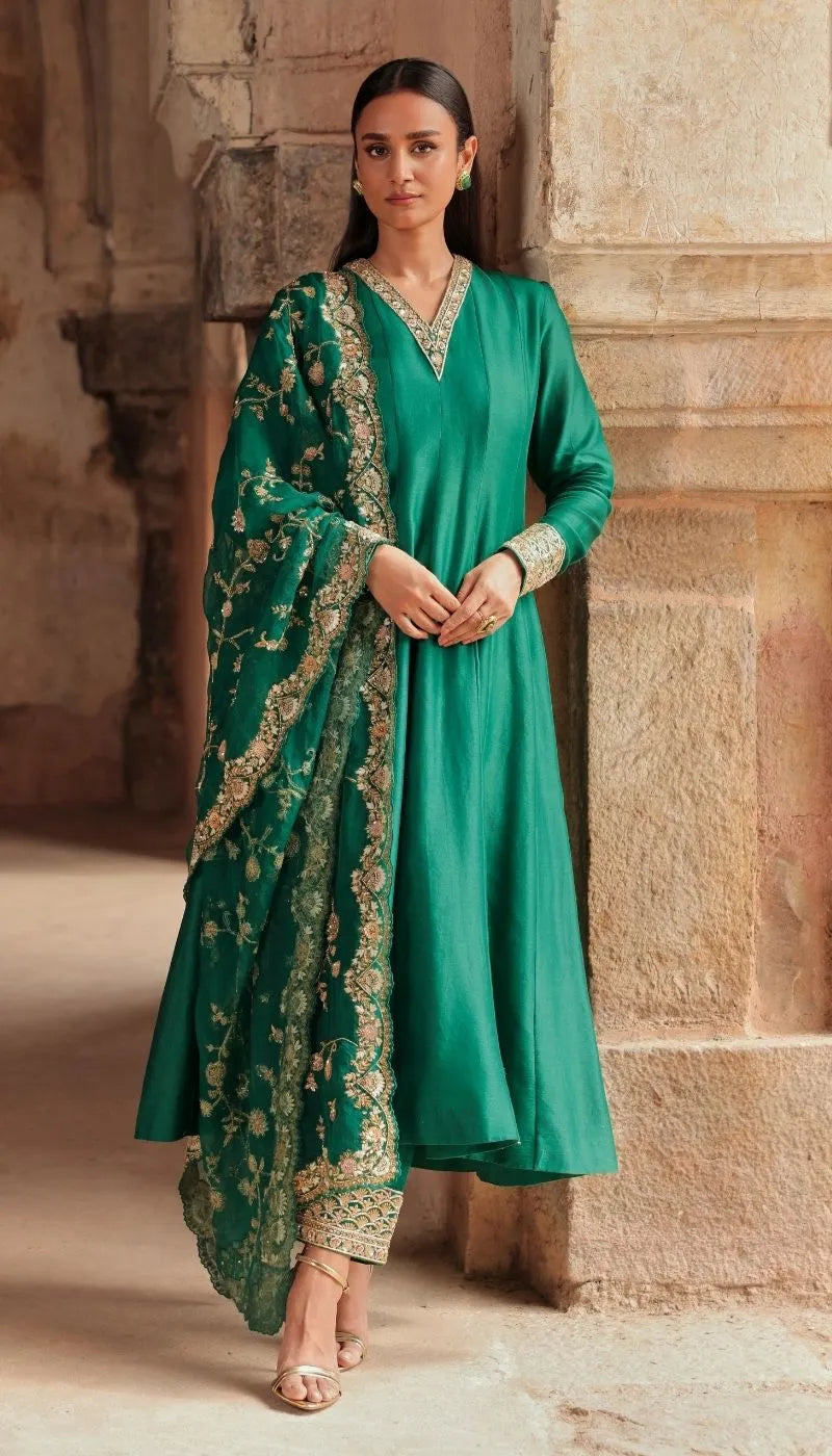 Green Tussar Silk Kalidaar Kurta Set