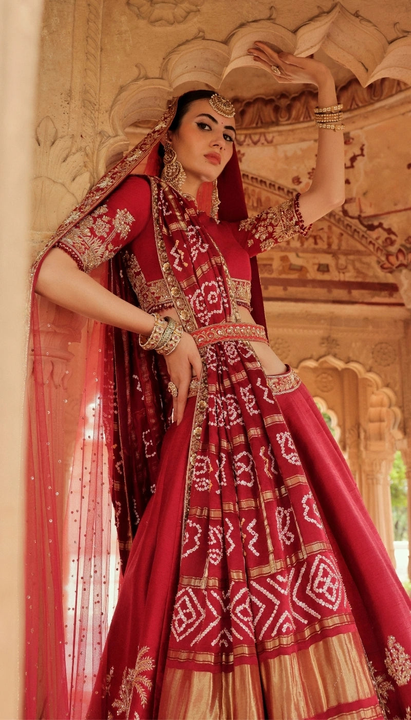 The Vanya Lehenga with Bandhani Dupatta and Tulle Head Veil