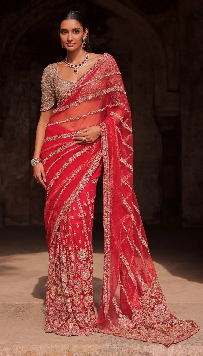 A Red Tulle Net Saree