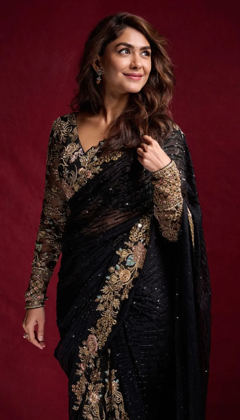 MRUNAL THAKUR IN THE LES FLEUR BLACK EMBRIODERED KALIDAR SAREE