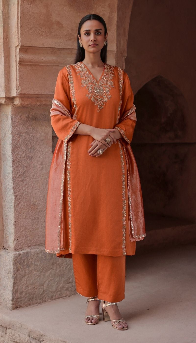 The Burnt Orange Embroidered Kurta Set