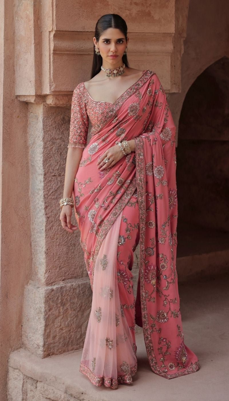 A Sunset Peach Crepe Silk Saree