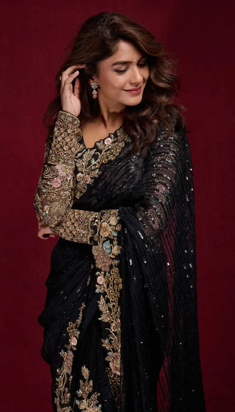 MRUNAL THAKUR IN THE LES FLEUR BLACK EMBRIODERED KALIDAR SAREE
