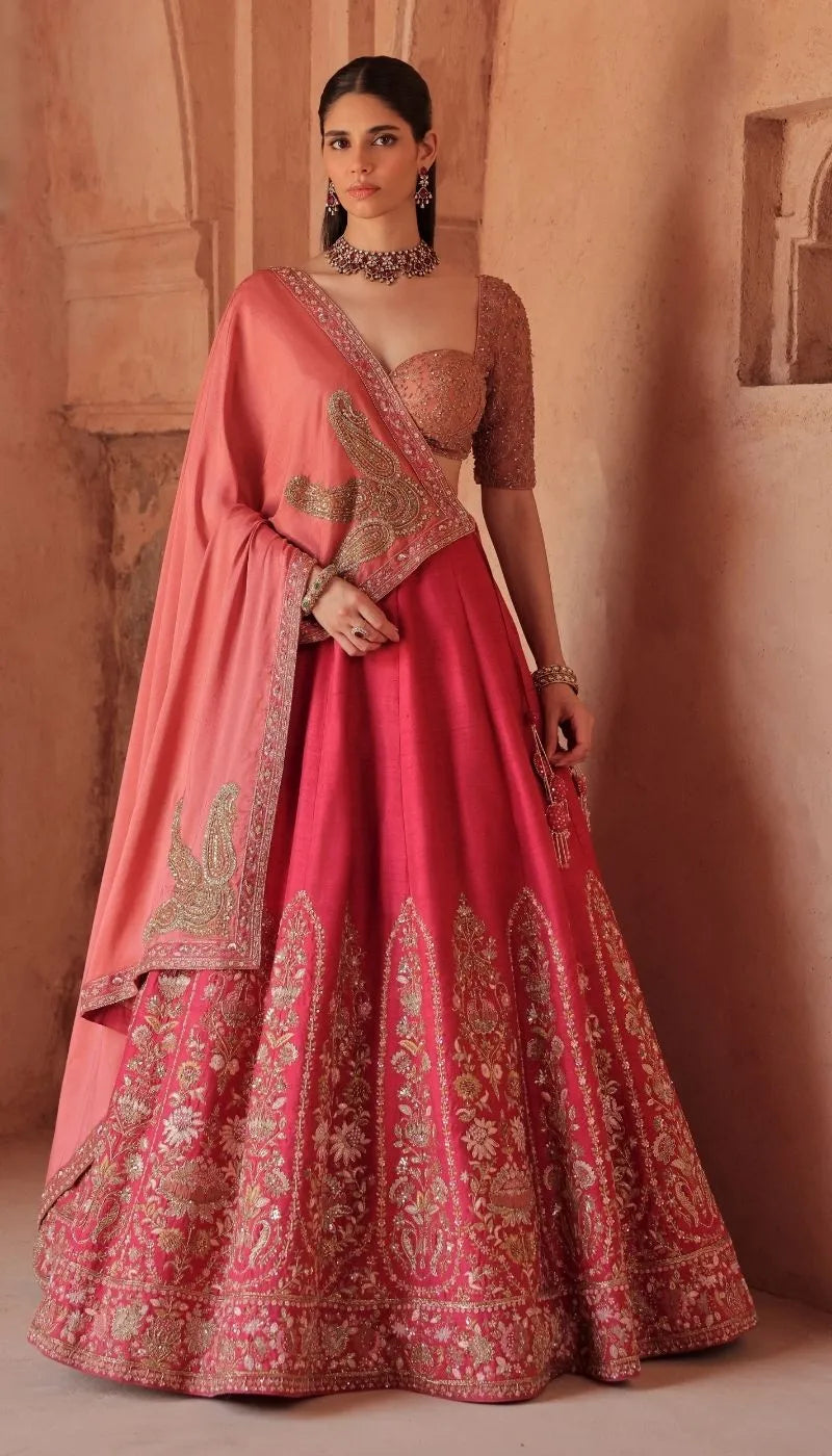 A Rose Pink Panelled Raw silk Lehenga Set