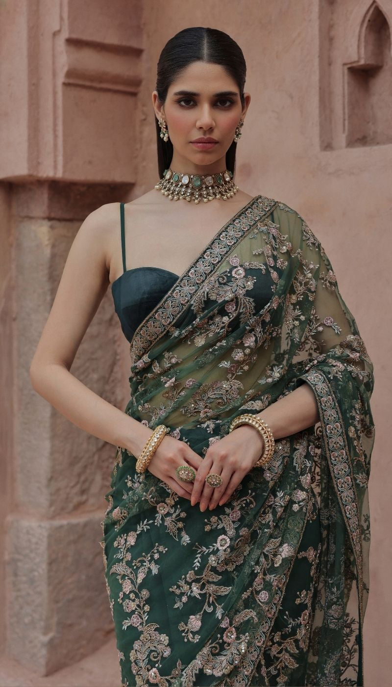A Deep Forest Green Tulle Net Saree