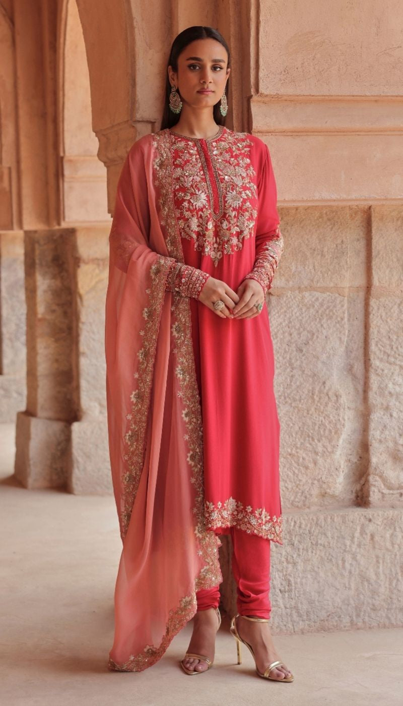 A Coral Red Crepe Silk Kurta Set
