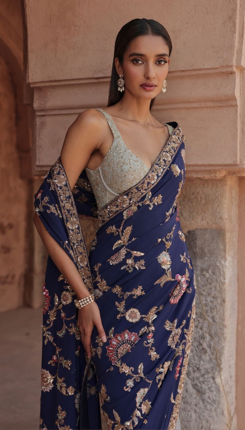 A Midnight Blue Crepe Silk Saree