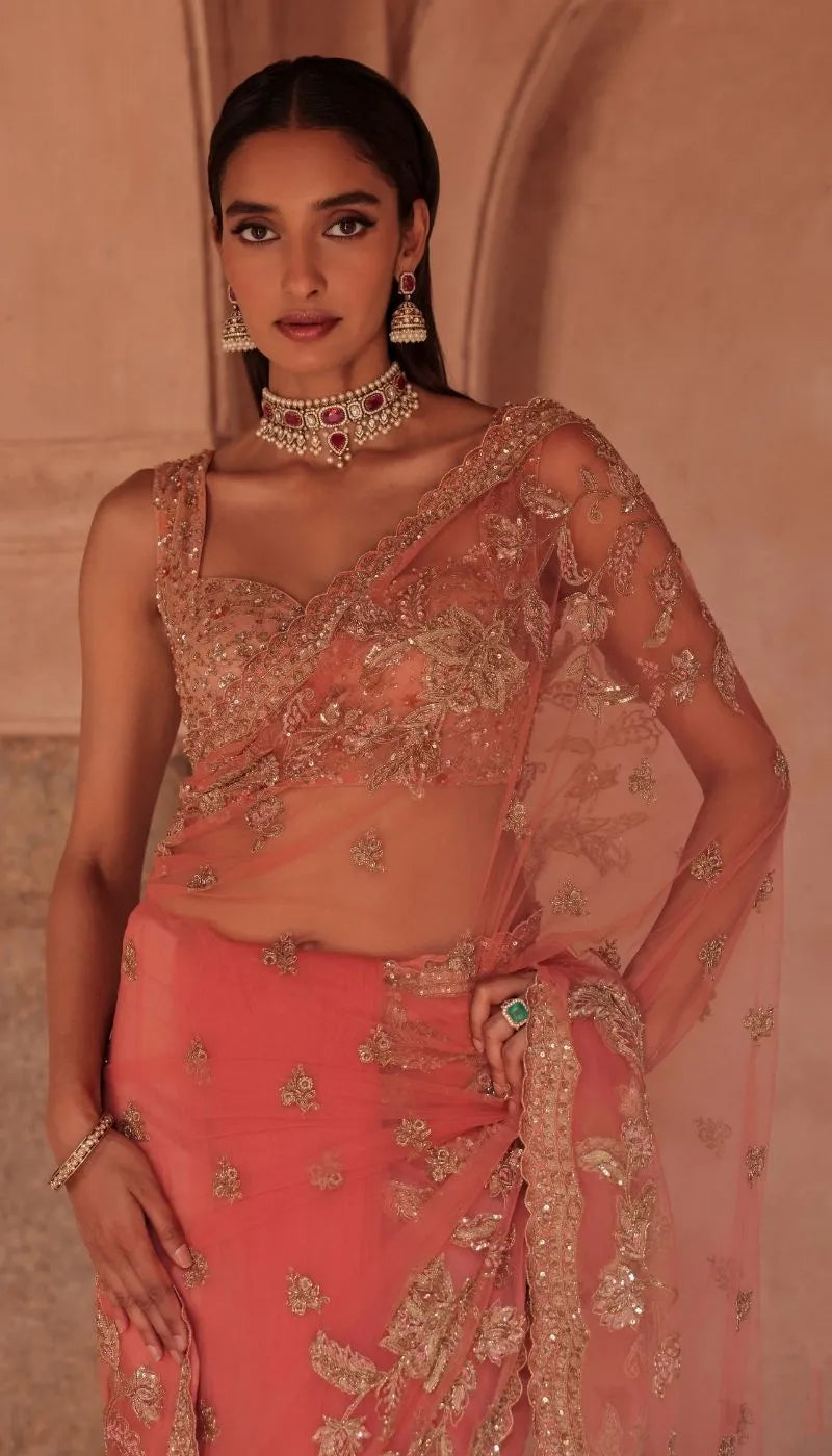 A Sunset Peach Tulle Net Saree