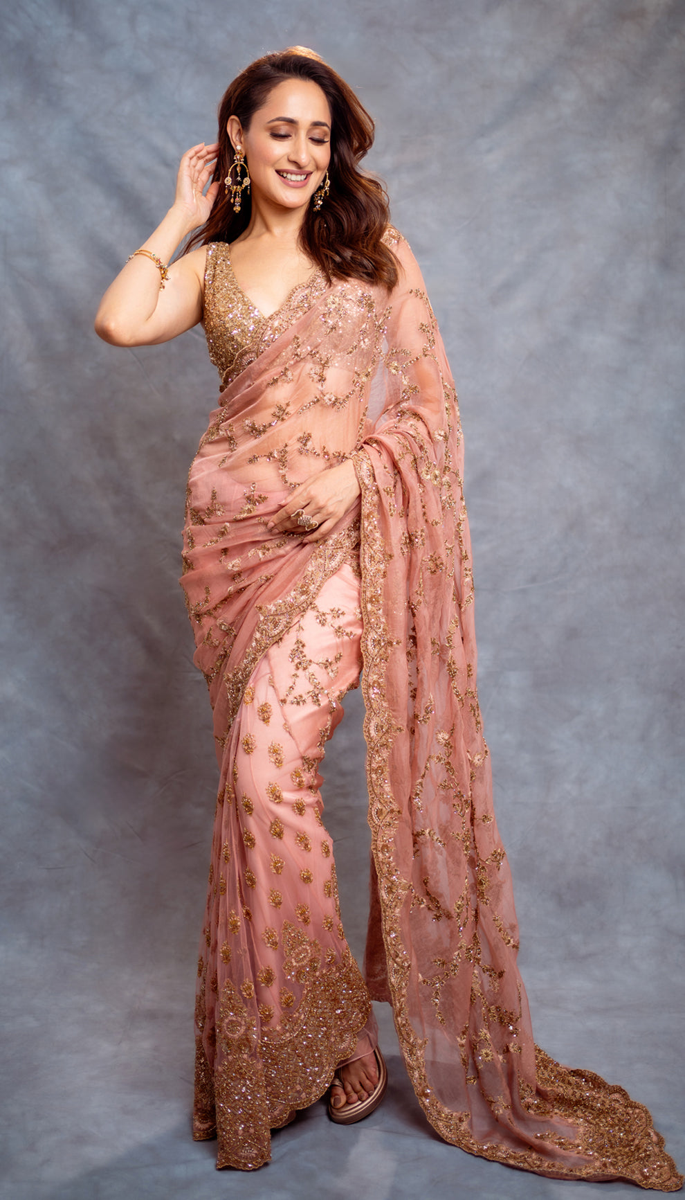 Pragya Jaiswal in an Intense Pink kalidaar saree by shyamal & bhumika