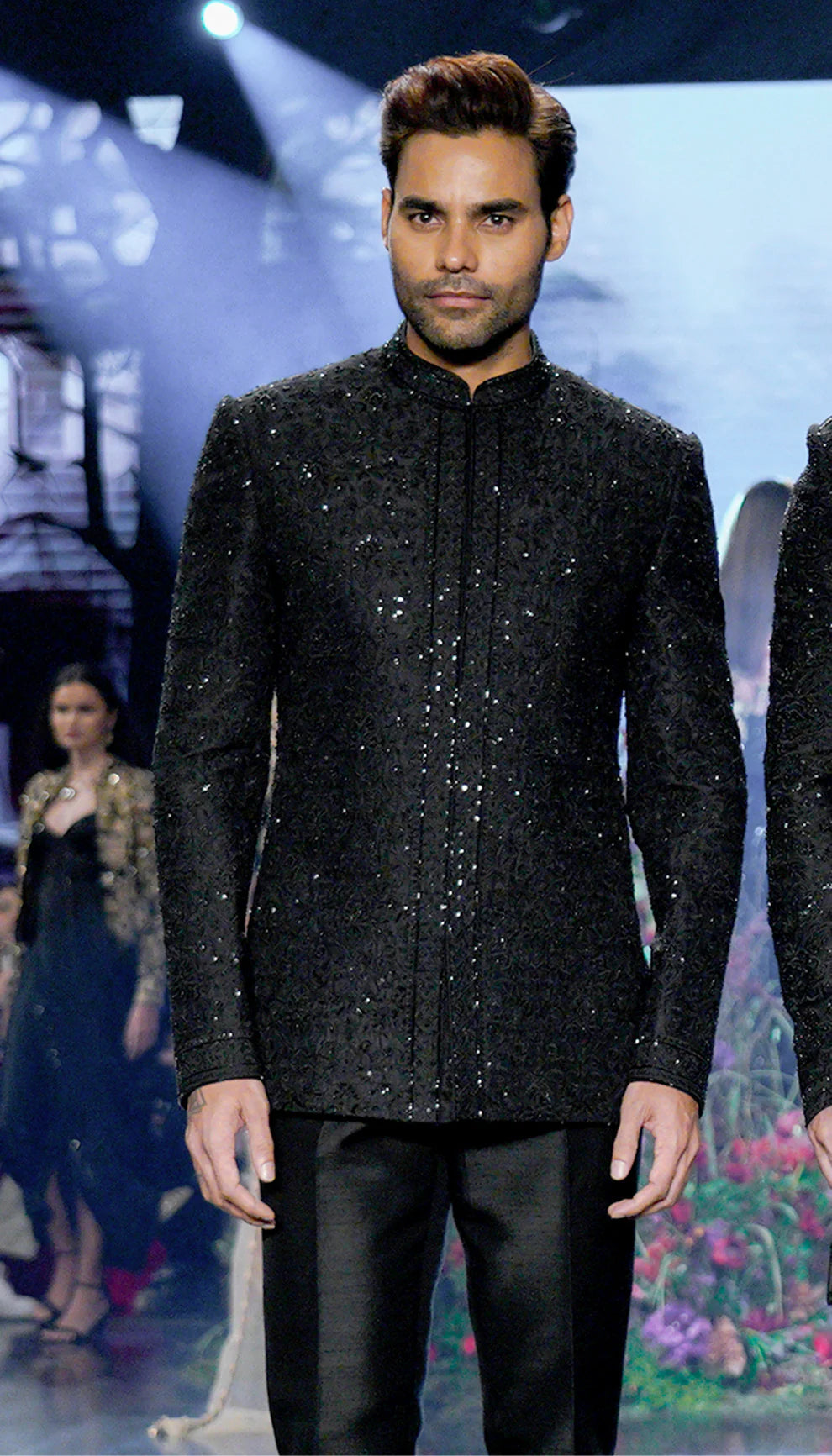 Ebony black, men's bandhgala jacket, tone- on- tone embroidery, seed beads, sequins, raw silk trousers, weddings, formal celebrations, black- tie evenings