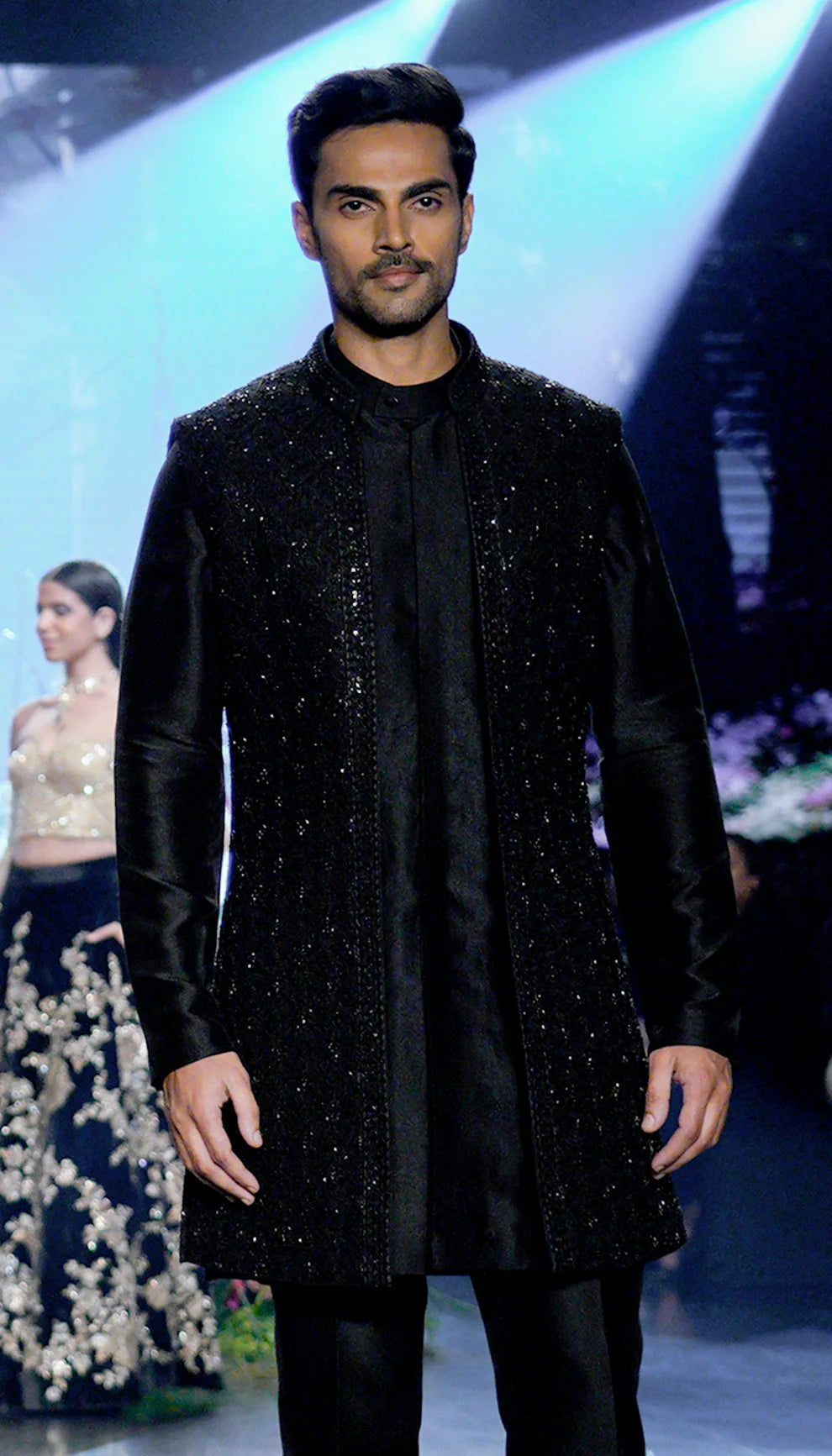 Charcoal black, long koti, tone- on- tone embroidery, seed beads, sequins, silk kurta, raw silk trousers, weddings, festive celebrations, evening occasions