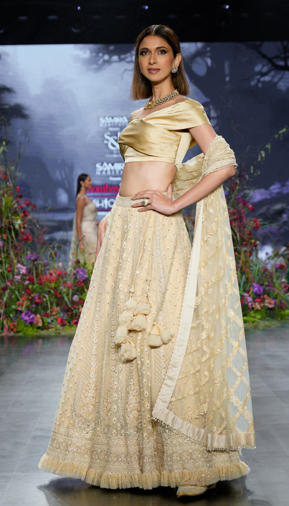 Almond beige tulle net lehenga, resham embroidery, glass beads, sequins, crystals, silk satin wrap around blouse, matching tulle net dupatta, weddings, engagement parties, festive celebrations, evening events