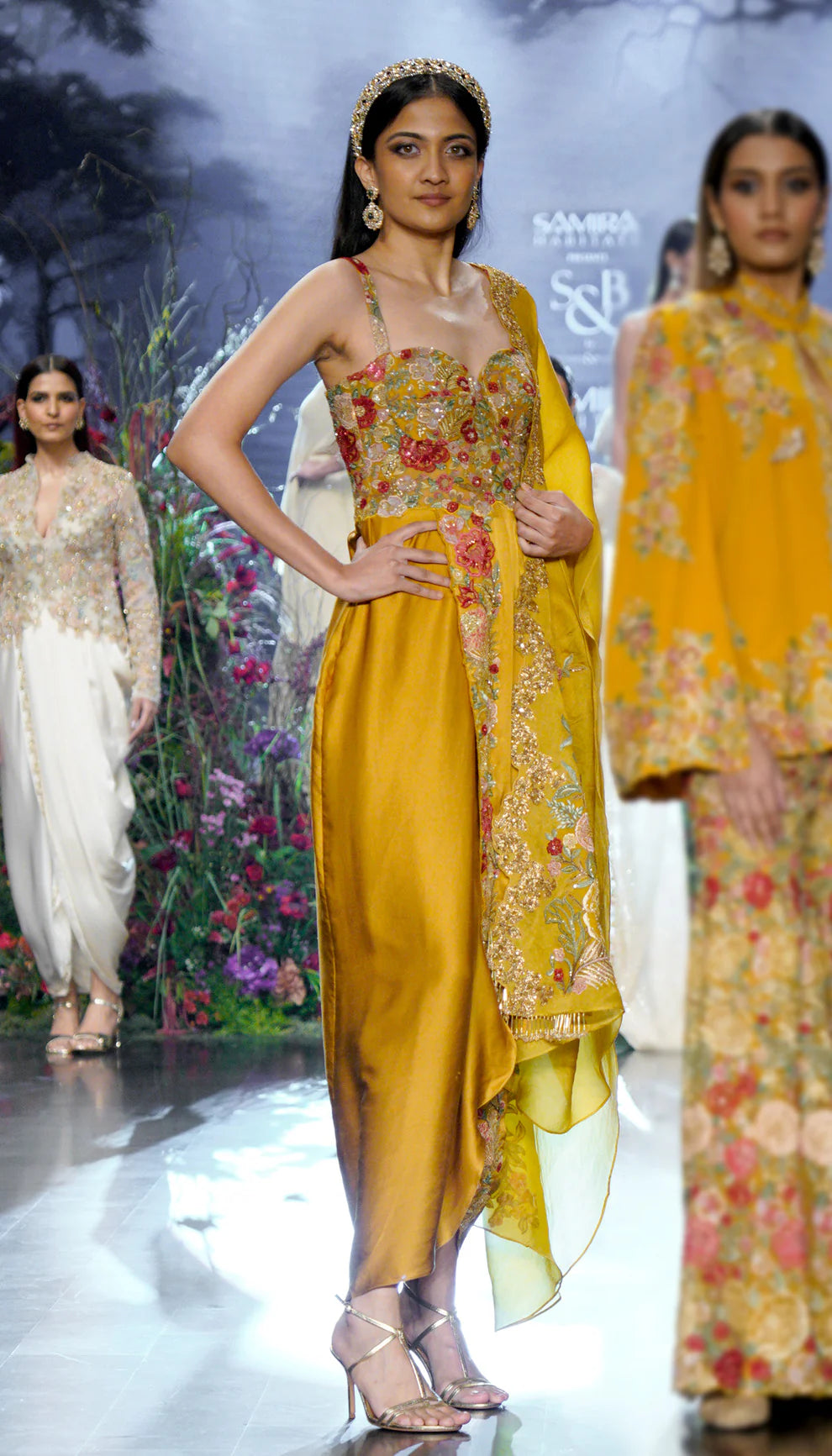 Melon yellow, silk satin cowl gown, tropical bloom embroidery, glass beads, sequins, crystal accents, embroidered silk organza dupatta, wedding, cocktails, receptions, evening celebrations