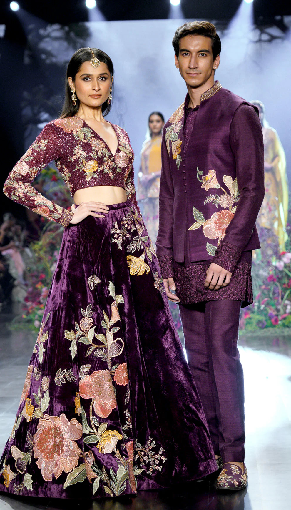Aubergine, silk velvet skirt, floral embroidery, rose gold zardozi, glass beads, kali, embellished crop top, silk organza dupatta, silk velvet skirt, wedding, receptions, evening wear