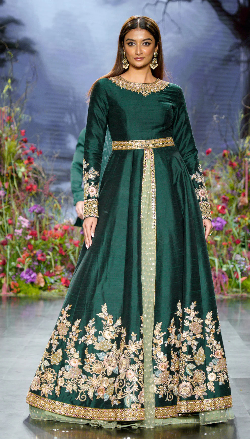 High- neck, forest green, raw silk jacket, floral embroidery, tulle net lehenga, high- neck jacket, weddings, soirees, evening celebrations