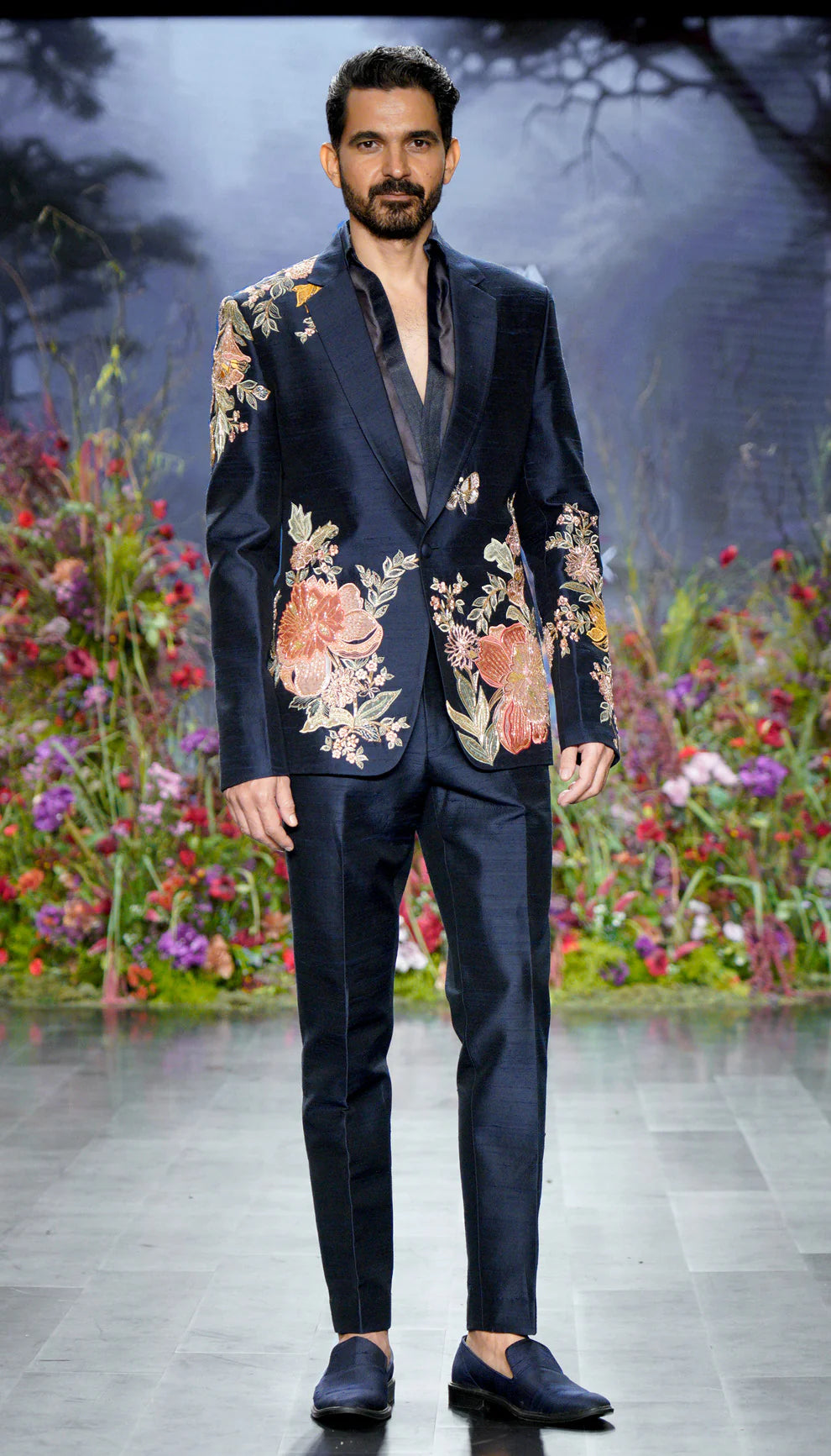 Midnight blue, raw silk blazer, floral embroidery, rose gold zardozi, beadwork, silk organza shirt, raw silk, trousers, tailored blazer, wedding, receptions, evening celebrations, festive gatherings, blue blazer, blue coat, silk shirt, silk coat
