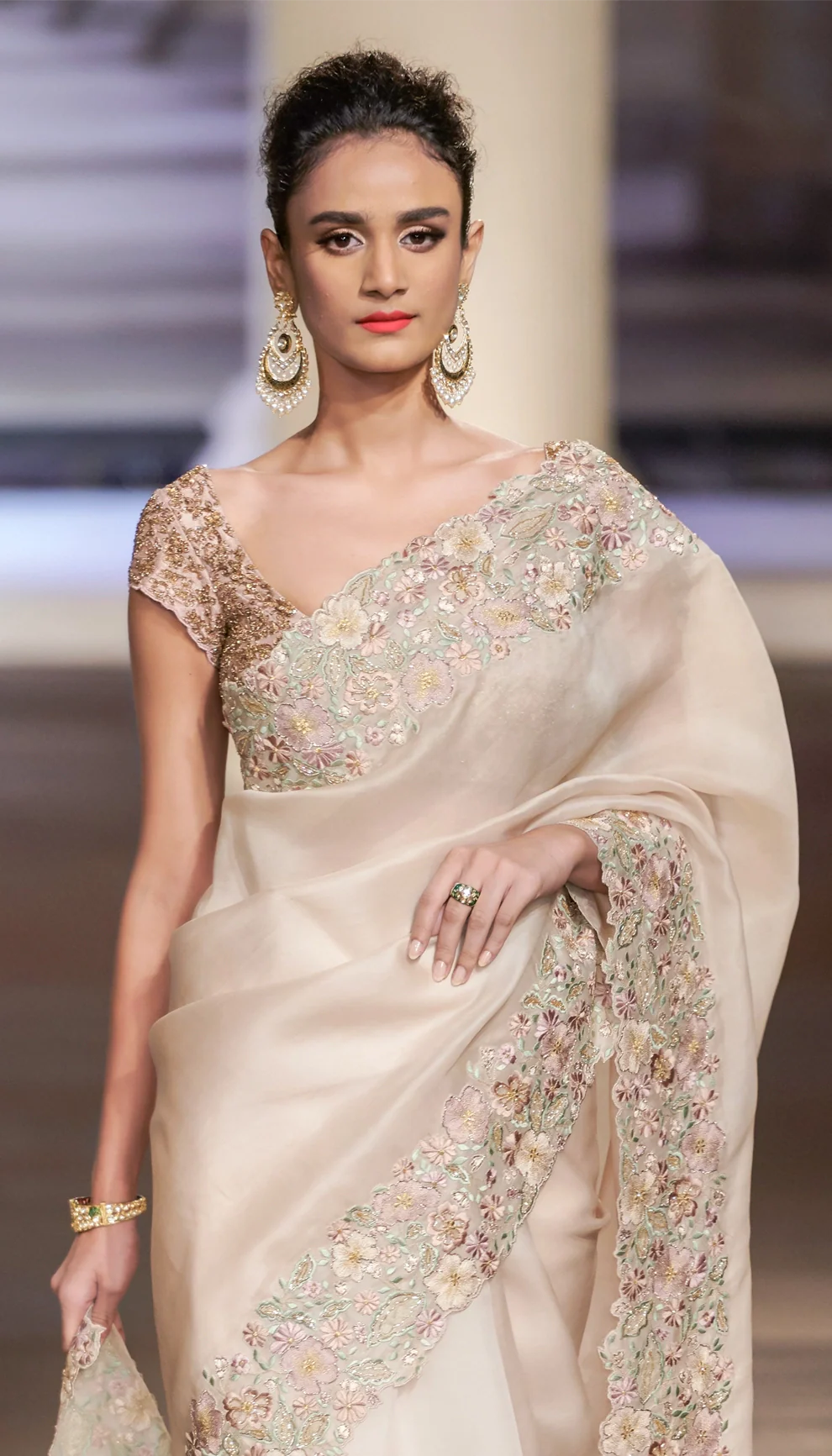 Muted Ivory Organza Saree with Vintage Floral Border