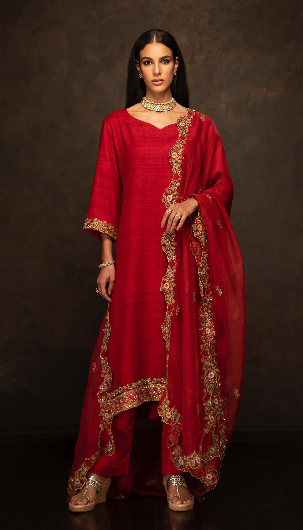 The Deep Red Matka Silk Kurta Set