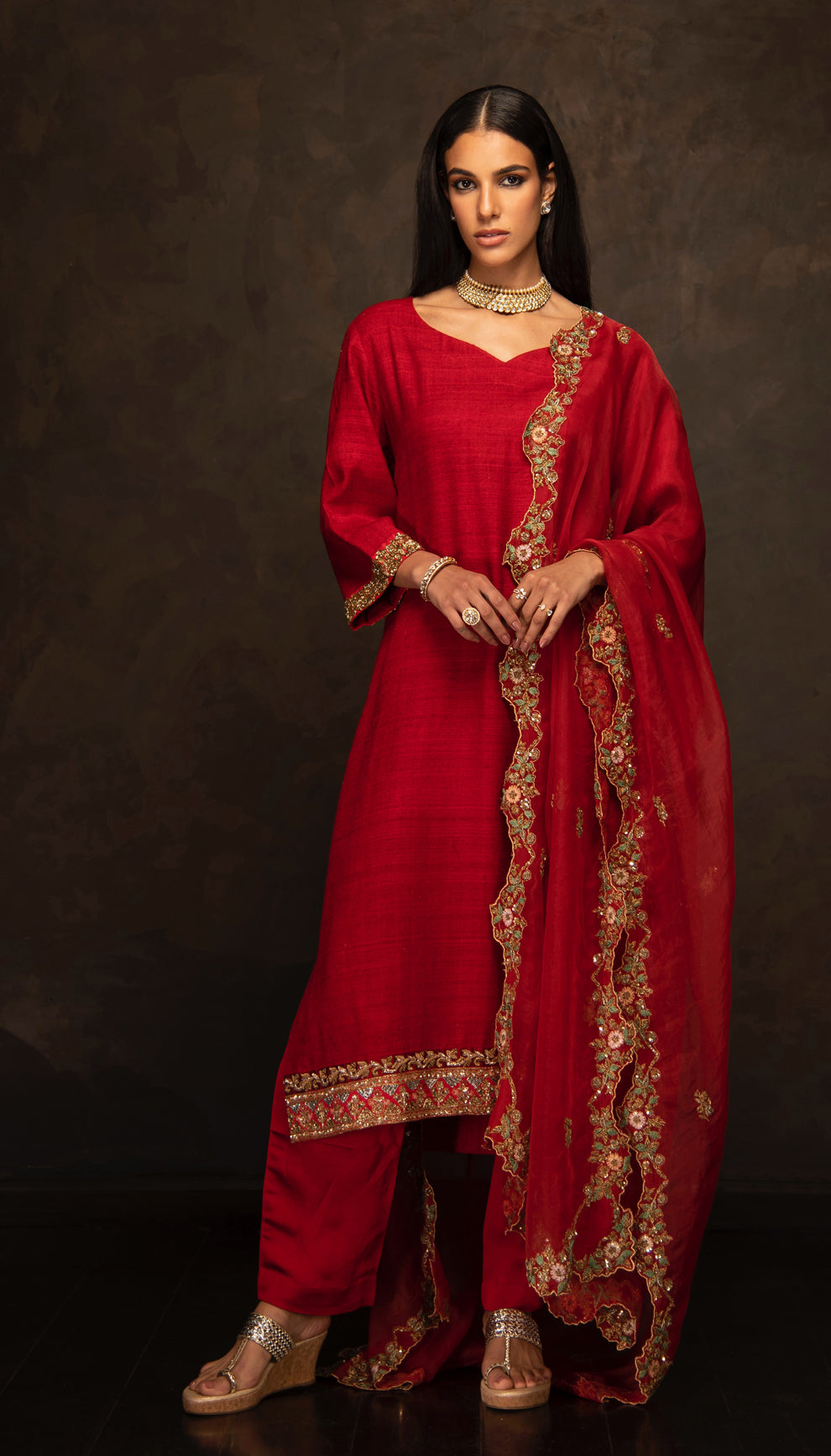 The Deep Red Matka Silk Kurta Set