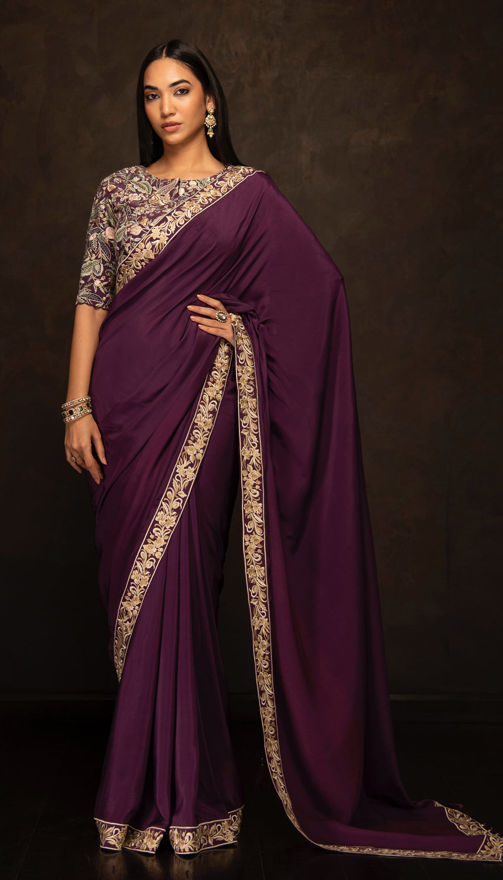 The Aubergine Floral Border Saree