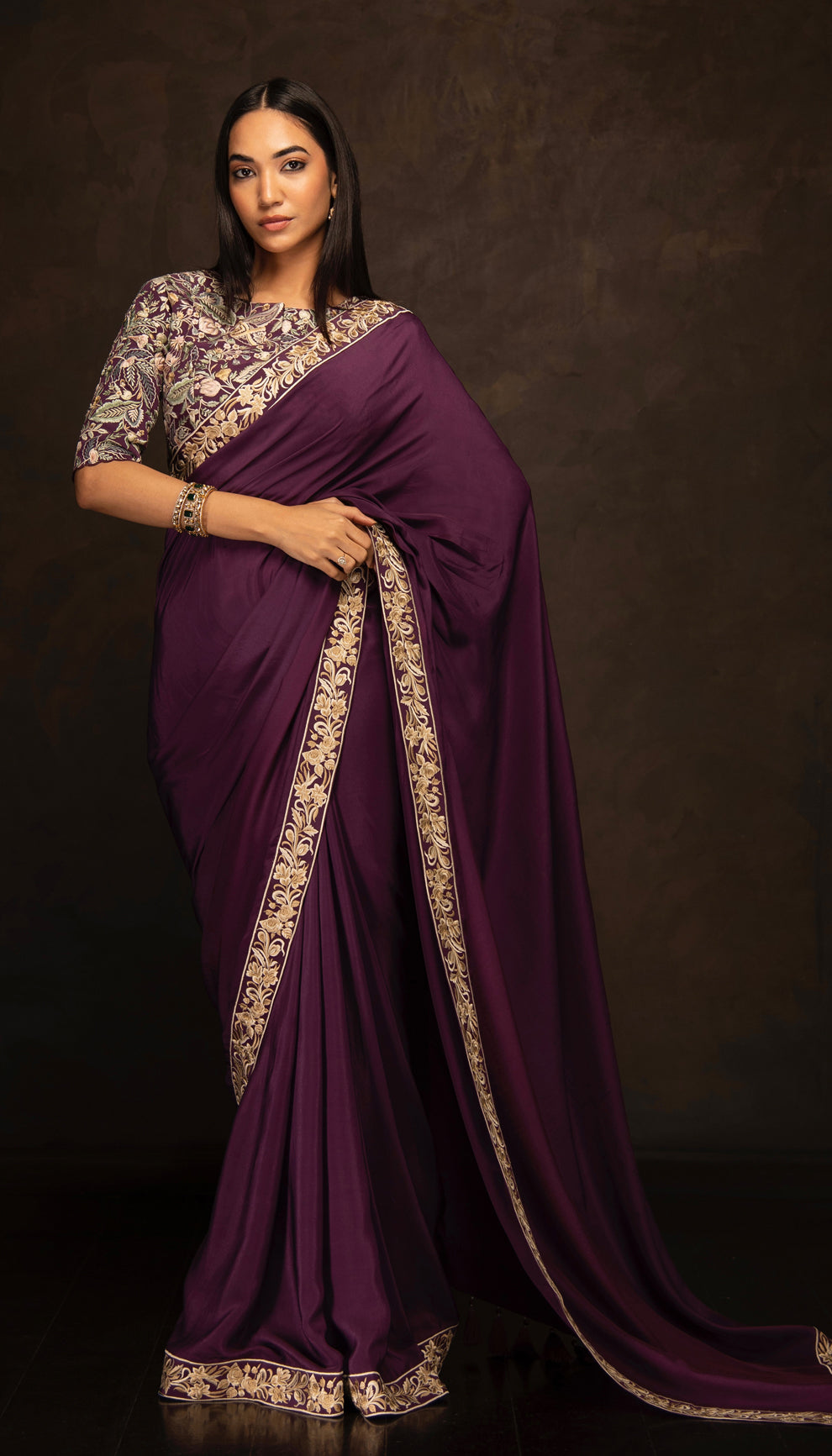 The Aubergine Floral Border Saree