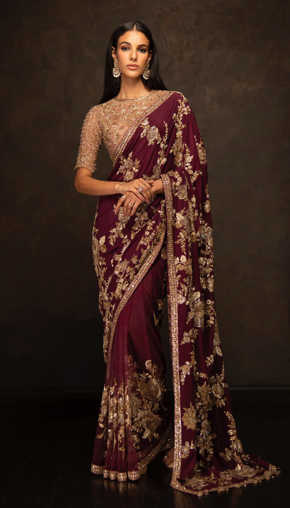 The Wine Embroidered Crepe Silk Saree