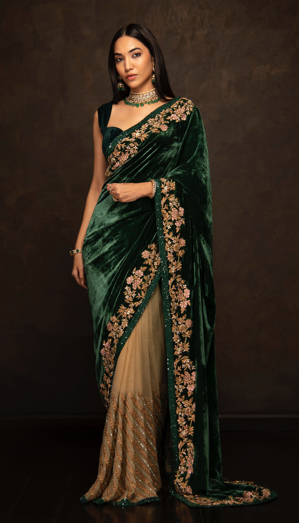 The Deep Green Velvet Saree