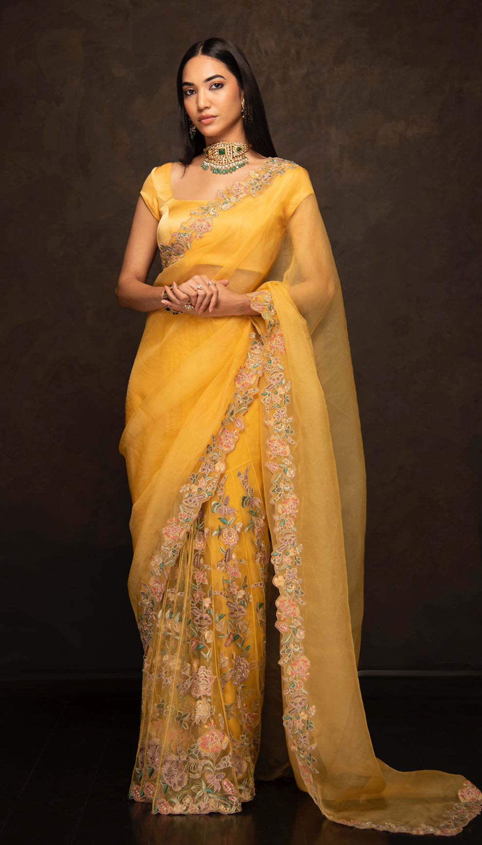 Woman wearing The Ochre Yellow Organza Saree by Shyamal & Bhumika.