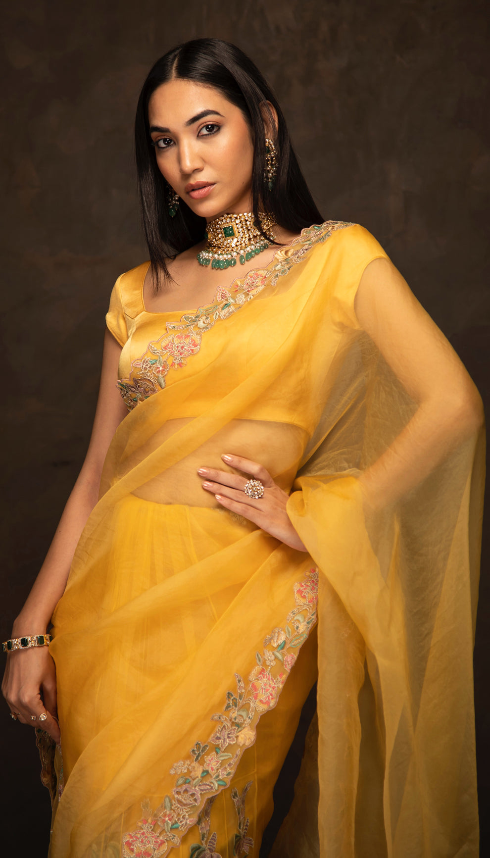 Woman wearing The Ochre Yellow Organza Saree by Shyamal & Bhumika.