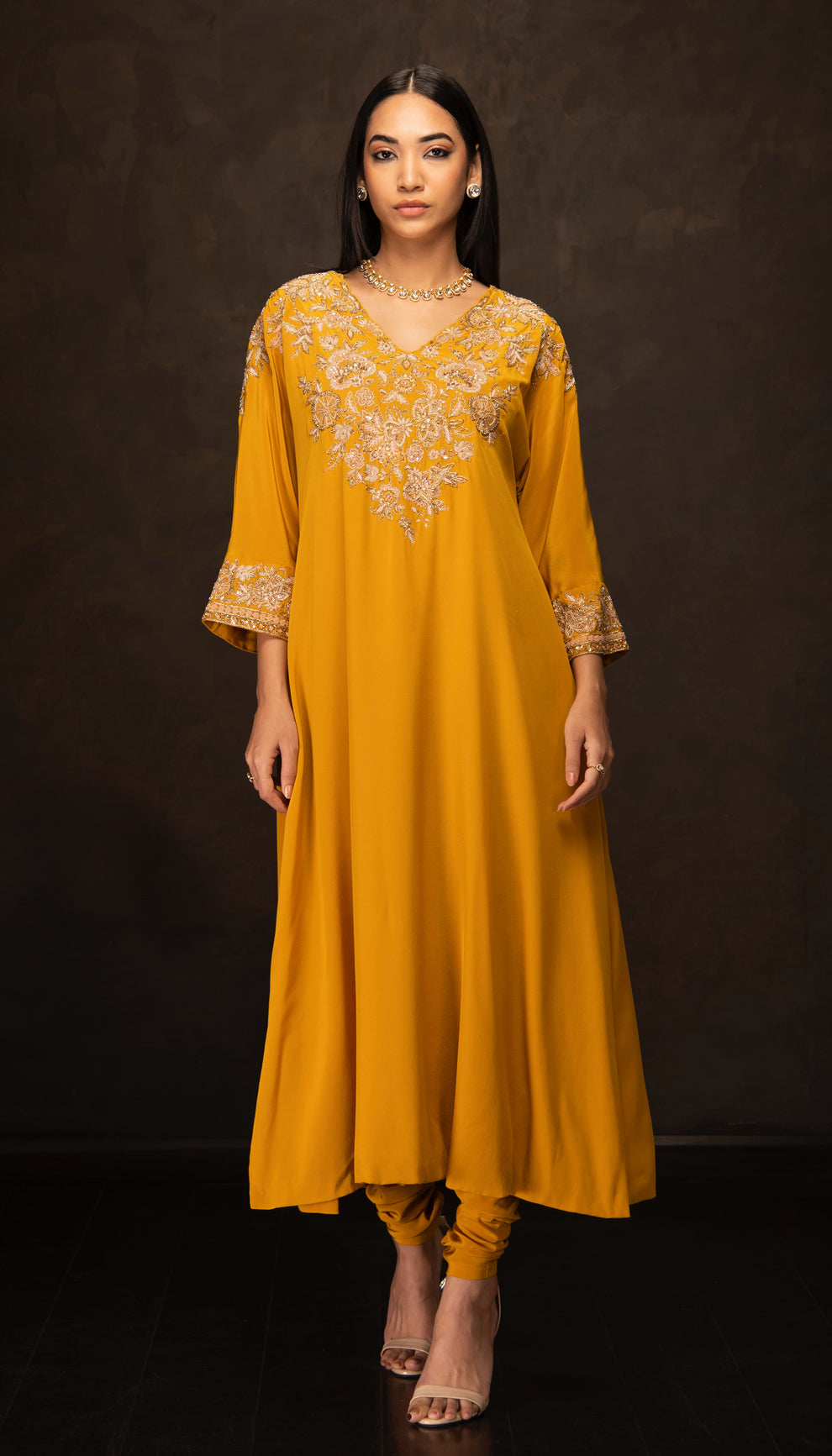 Woman wearing The Ochre Yellow Crepe Silk Kurta Set by Shyamal & Bhumika.
