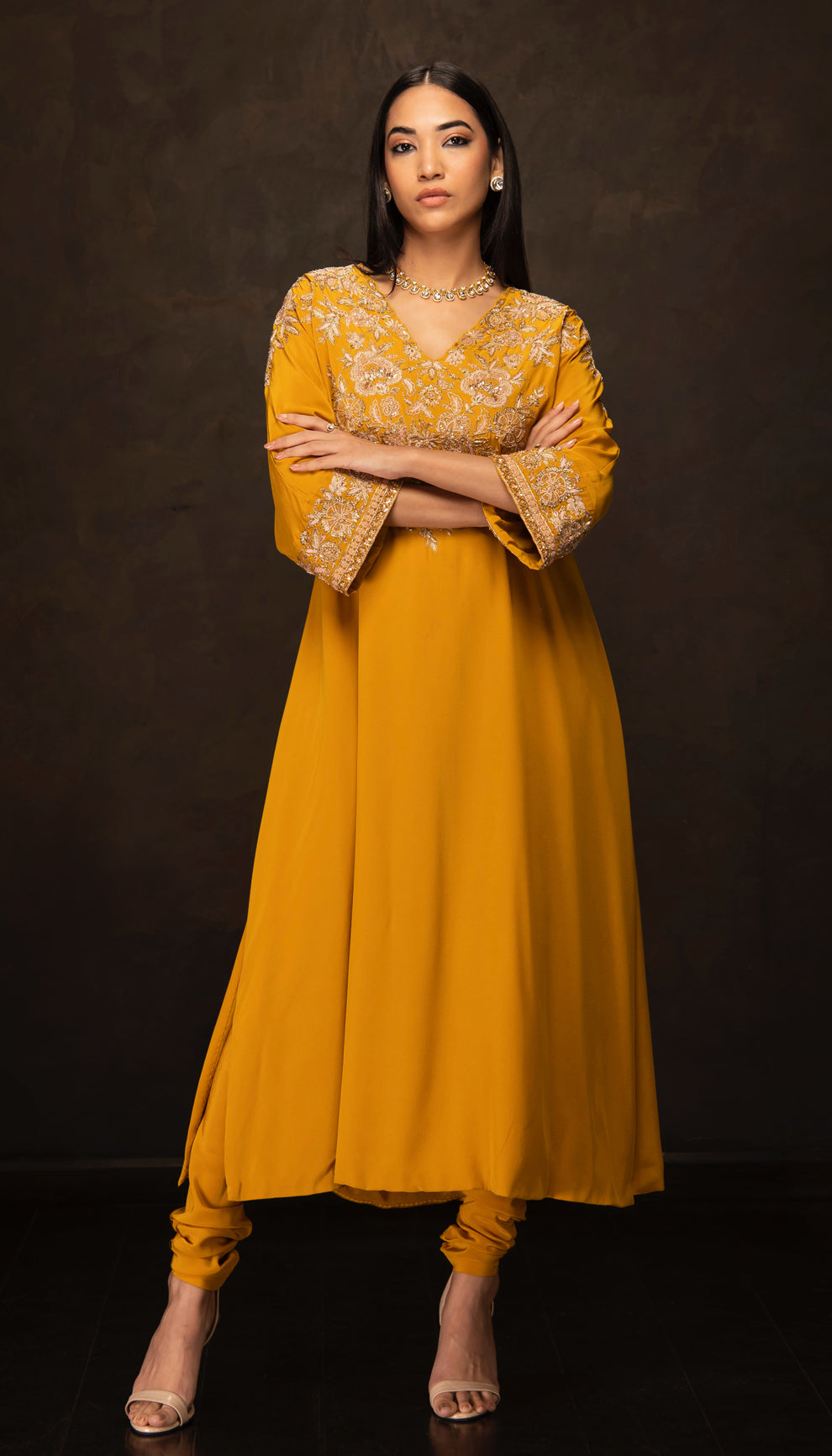 Woman wearing The Ochre Yellow Crepe Silk Kurta Set by Shyamal & Bhumika.