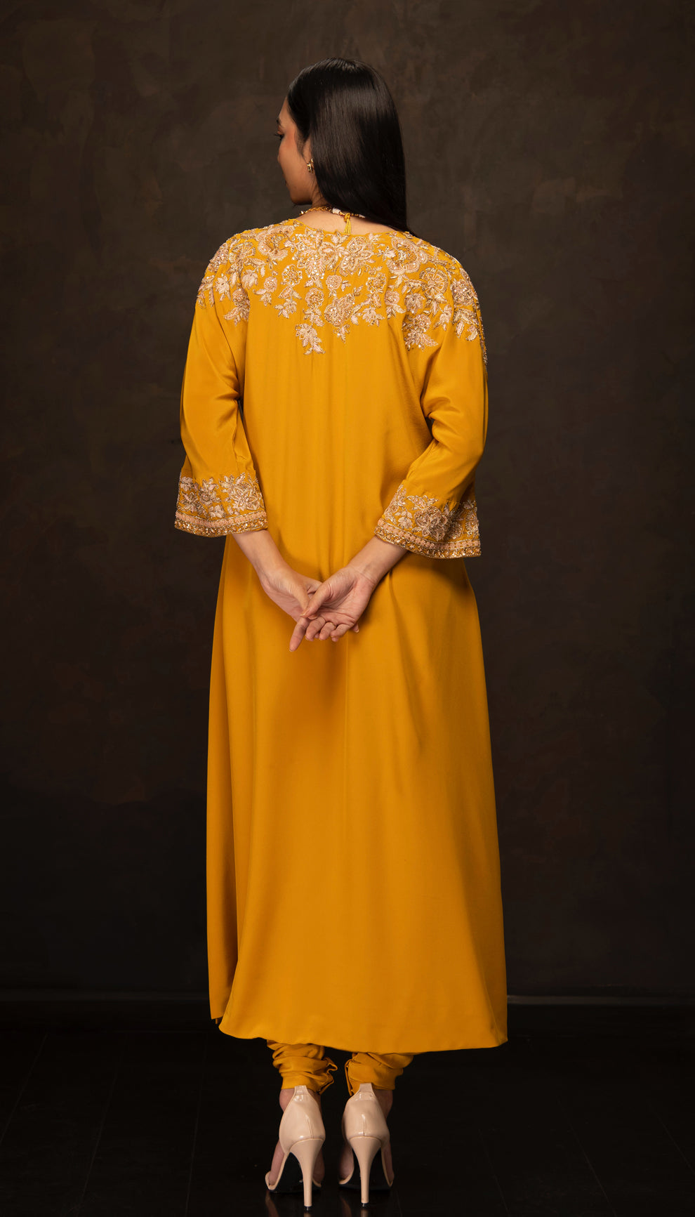 Woman wearing The Ochre Yellow Crepe Silk Kurta Set by Shyamal & Bhumika.