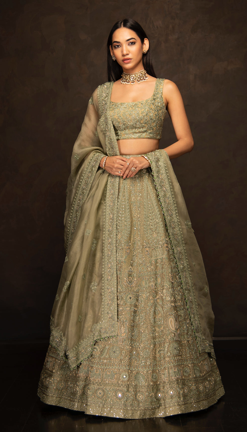 The Olive Green Embroidered Lehenga