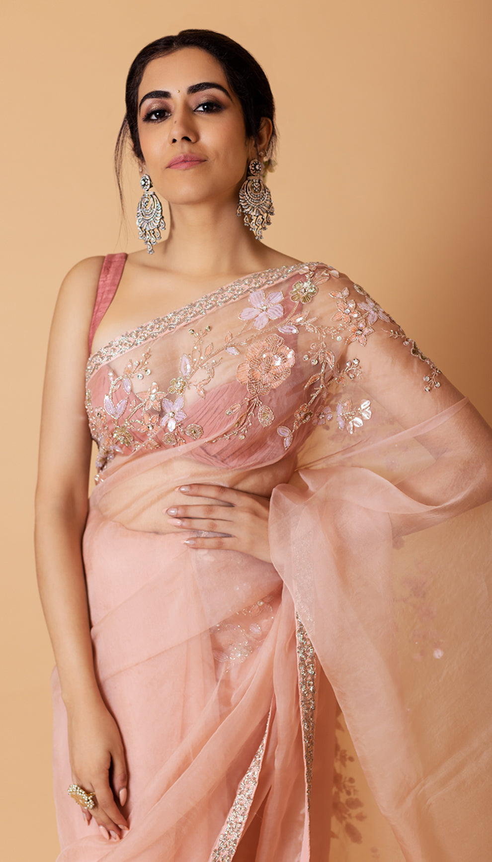 Jonita Gandhi in shell pink organza saree by shyamal & bhumika