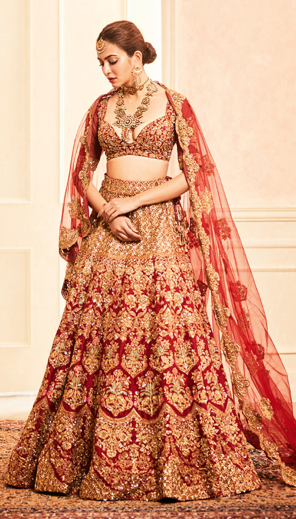 kriti kharbanda in the Deep Red Raw Silk Lehenga by shyamal & bhumika