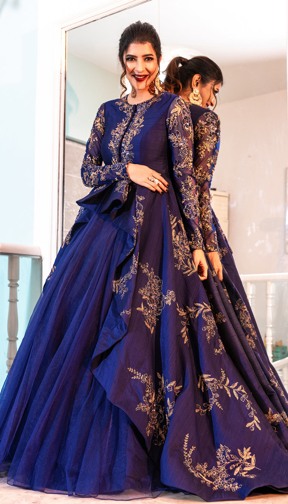 Lakshmi Manchu in a midnight blue jacket lehenga by shyamal & bhumika