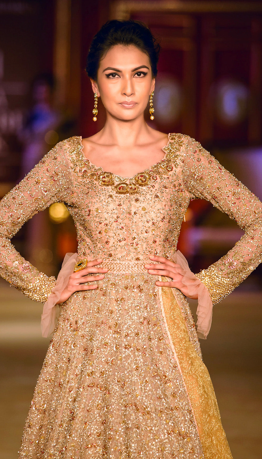 The Champagne Gold Tulle Floral Lehenga