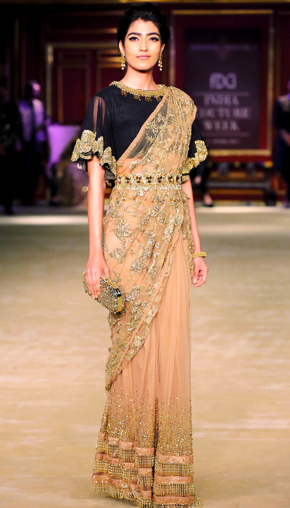 The Champagne Gold Tulle Embroidered Saree