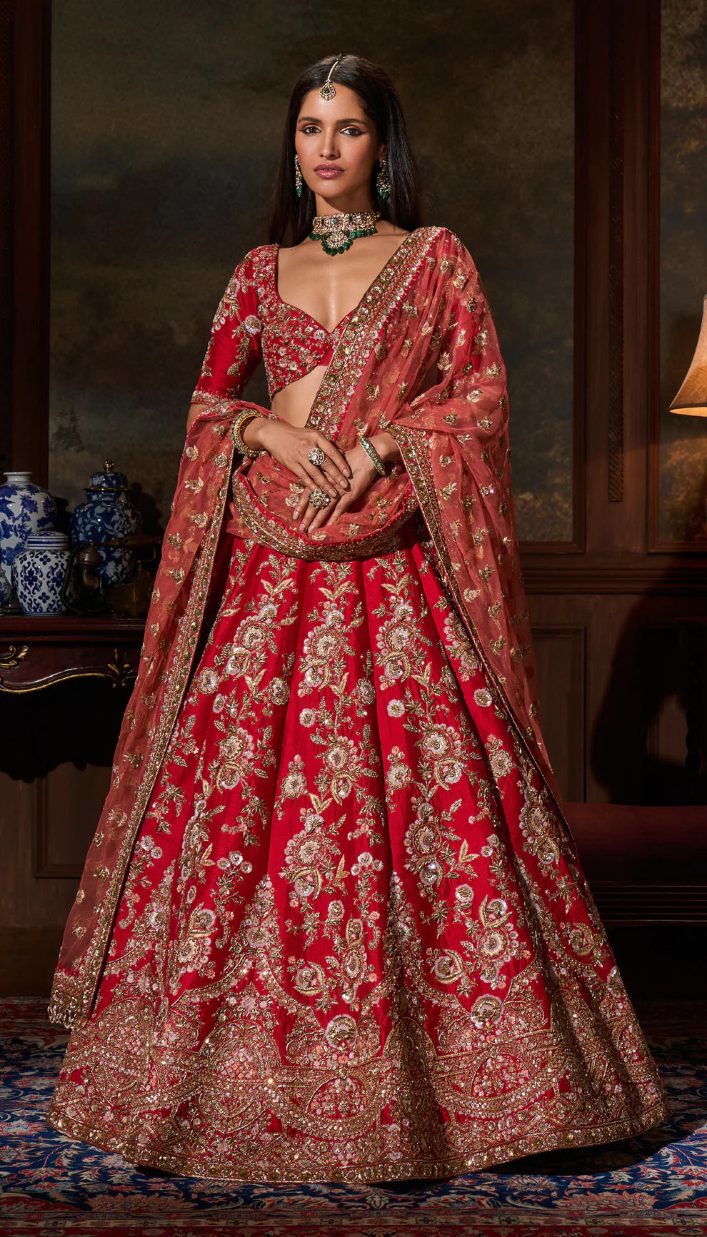 The Vintage Red Embroidered Raw Silk Lehenga Shyamal Bhumika