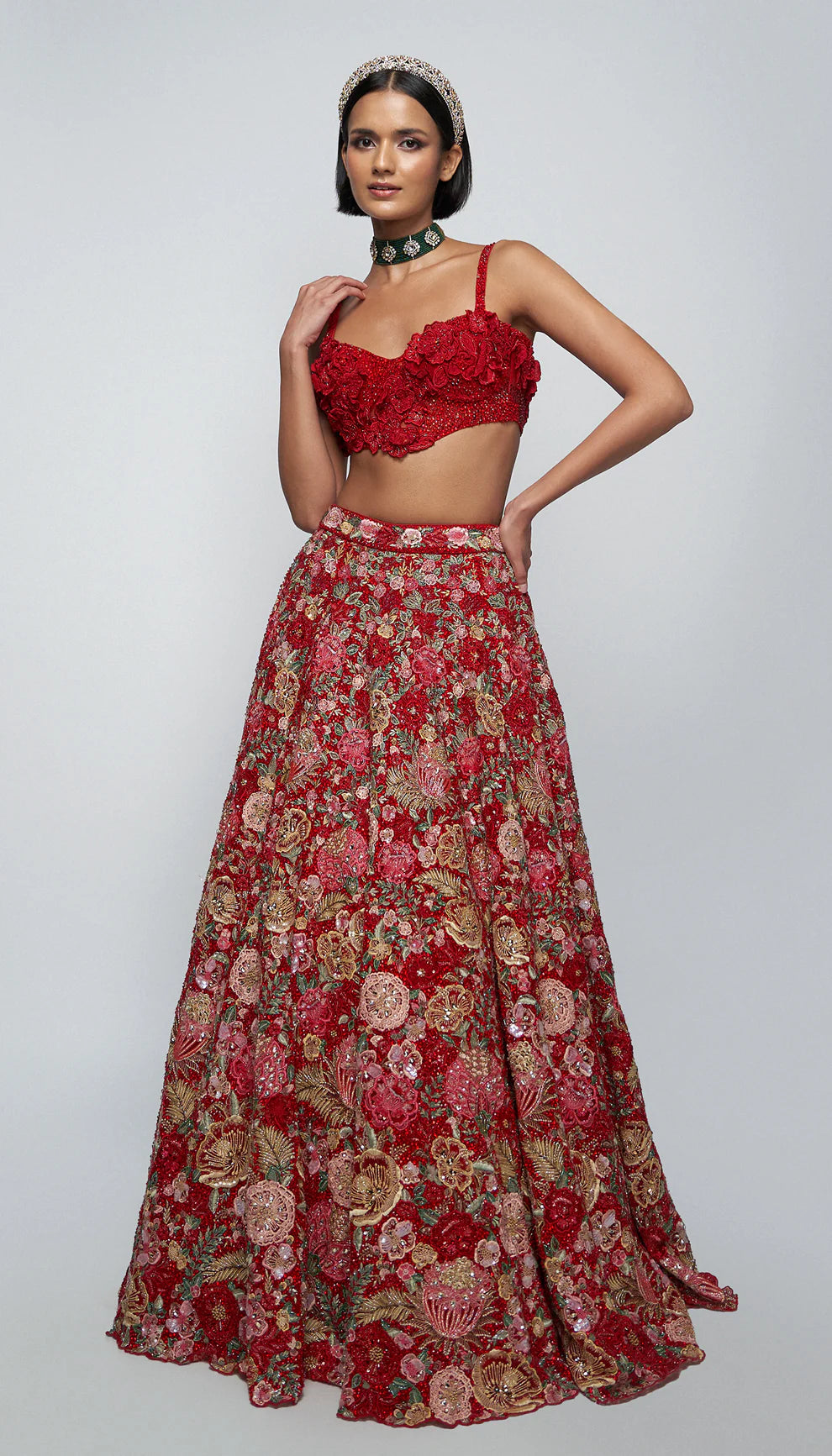 Cherry red, fluted lehenga, tropical floral embroidery, glass beads, sequins, crystals, veil, applique embroidered blouse, weddings, receptions, evening celebrations