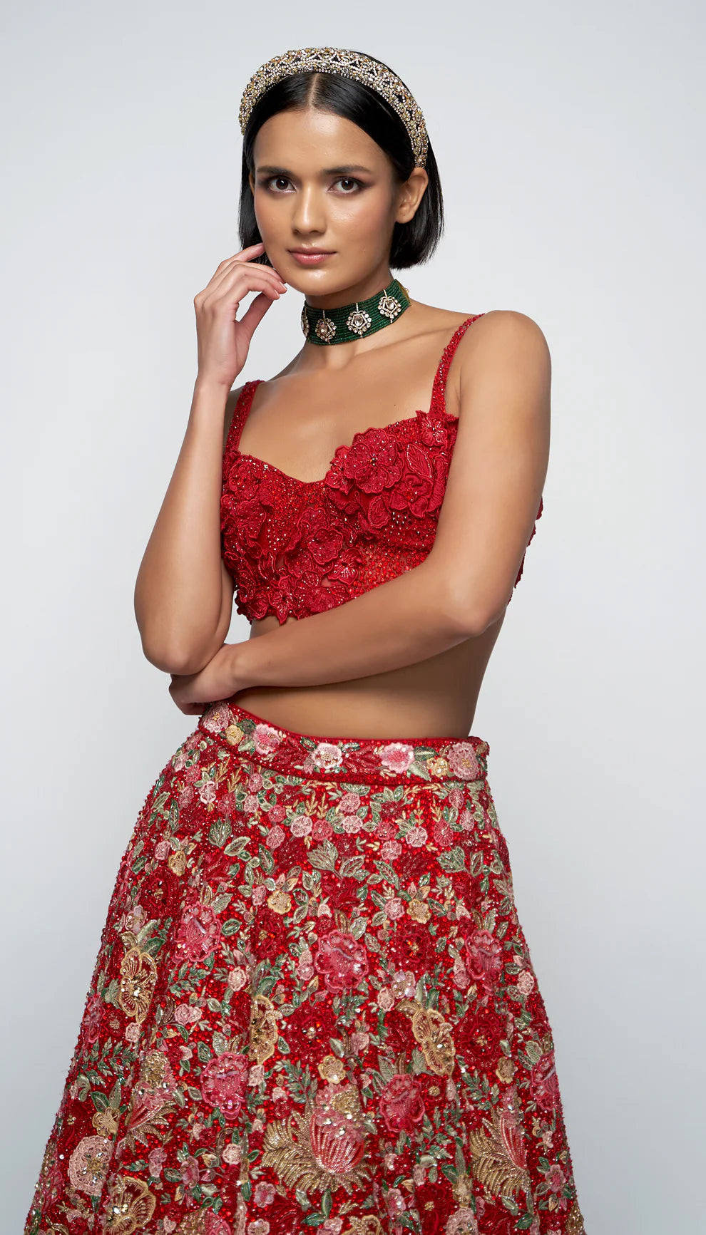 Cherry red, fluted lehenga, tropical floral embroidery, glass beads, sequins, crystals, veil, applique embroidered blouse, weddings, receptions, evening celebrations