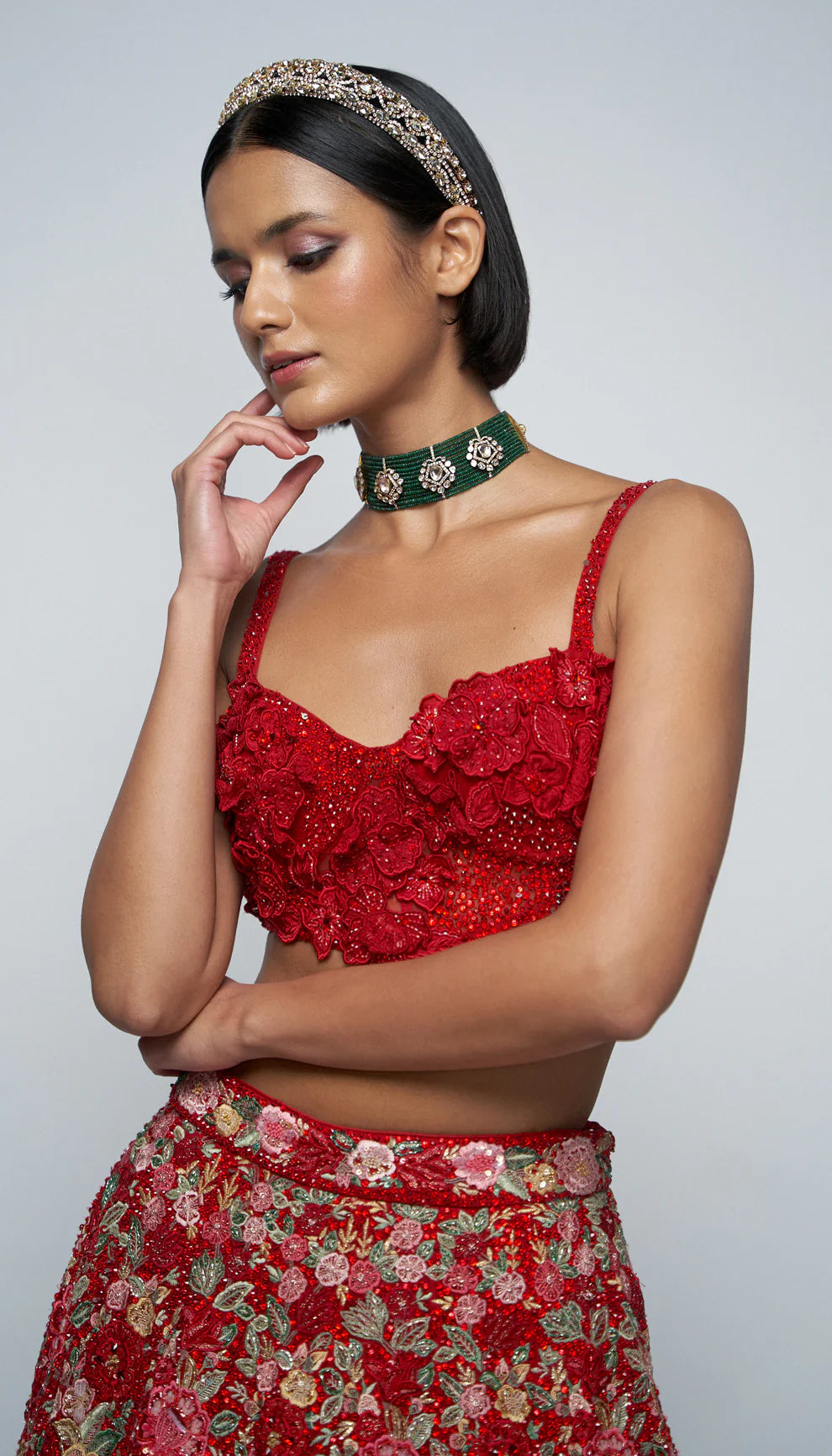 Cherry red, fluted lehenga, tropical floral embroidery, glass beads, sequins, crystals, veil, applique embroidered blouse, weddings, receptions, evening celebrations