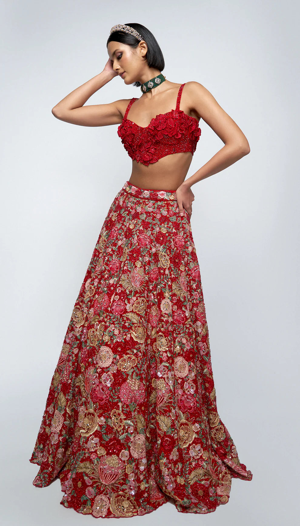 Cherry red, fluted lehenga, tropical floral embroidery, glass beads, sequins, crystals, veil, applique embroidered blouse, weddings, receptions, evening celebrations