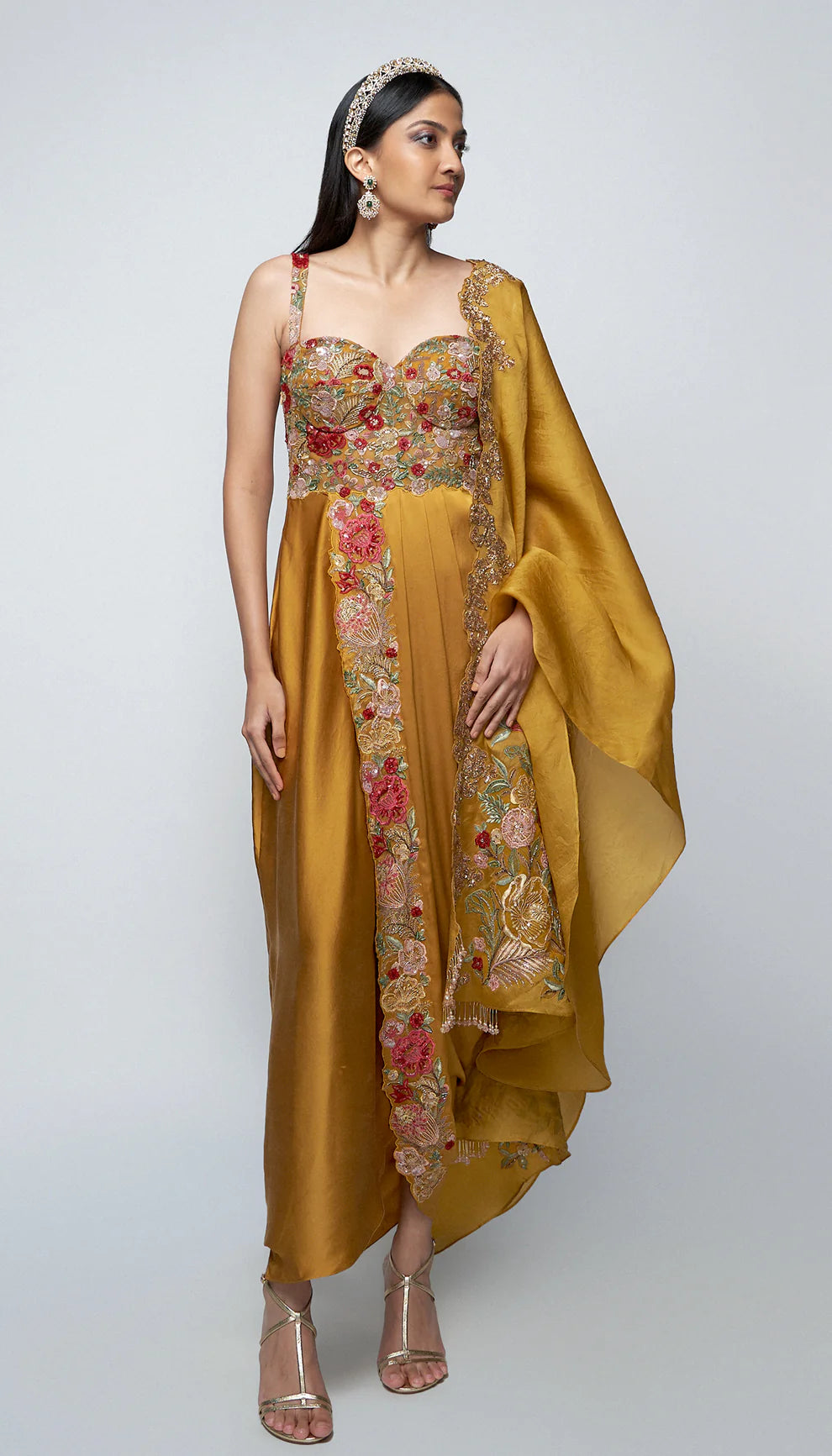Melon yellow, silk satin cowl gown, tropical bloom embroidery, glass beads, sequins, crystal accents, embroidered silk organza dupatta, wedding, cocktails, receptions, evening celebrations