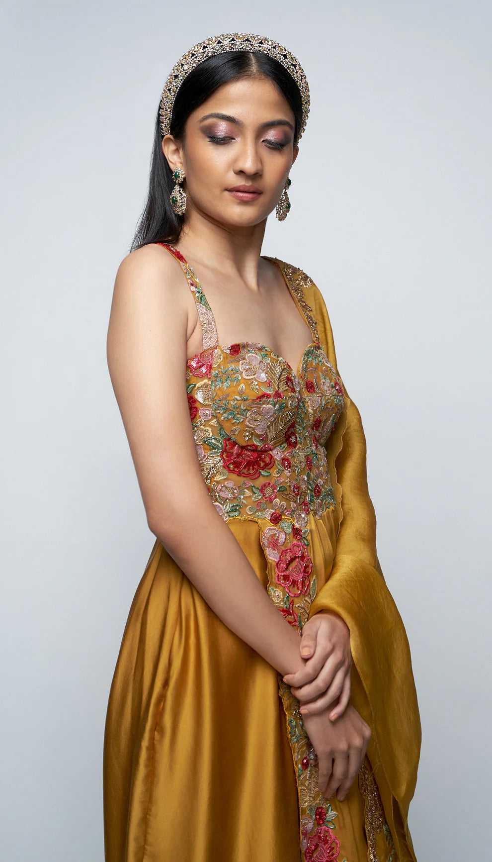 Melon yellow, silk satin cowl gown, tropical bloom embroidery, glass beads, sequins, crystal accents, embroidered silk organza dupatta, wedding, cocktails, receptions, evening celebrations