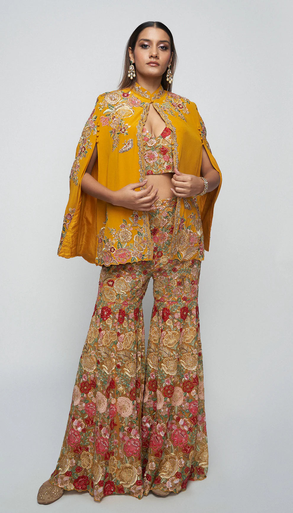 Melon yellow, sharara, tropical bloom embroidery, glass beads, sequins, crystal accents, matching crop top, embellished cape, yellow sharara, weddings, sangeet, evening occasions
