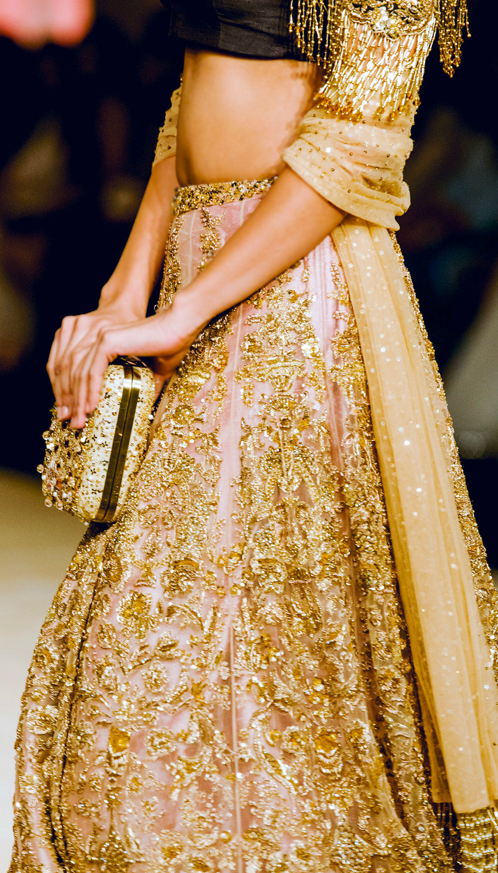 The Champagne Gold Floral Tulle Lehenga